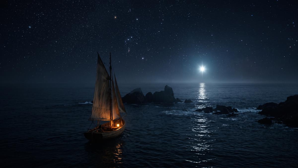 A small wooden sailing boat with a glowing lantern crosses a dark sea at night towards a single brilliant star low on the horizon. Jagged rocks break the water between the boat and the star, and the sky above is full of constellations.
