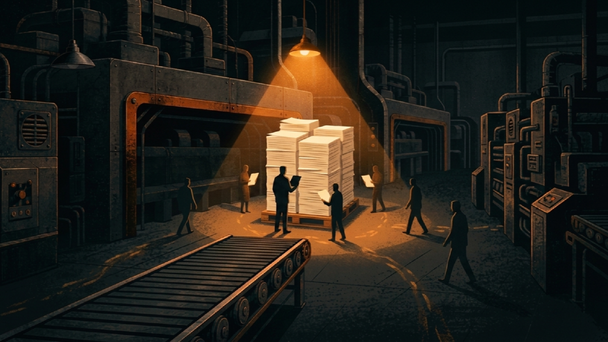 A dark illustration of the inside of a printing factory at night. The conveyor belt running across the foreground is stopped and completely empty, and the heavy machinery around it stands unlit. In the centre of the room, a single hanging lamp throws a pool of warm amber light over a wooden pallet stacked high with printed cream paper. Five small dark figures stand in and around that light, each lifting a single sheet from the stack and carrying it away into the surrounding shadows.
